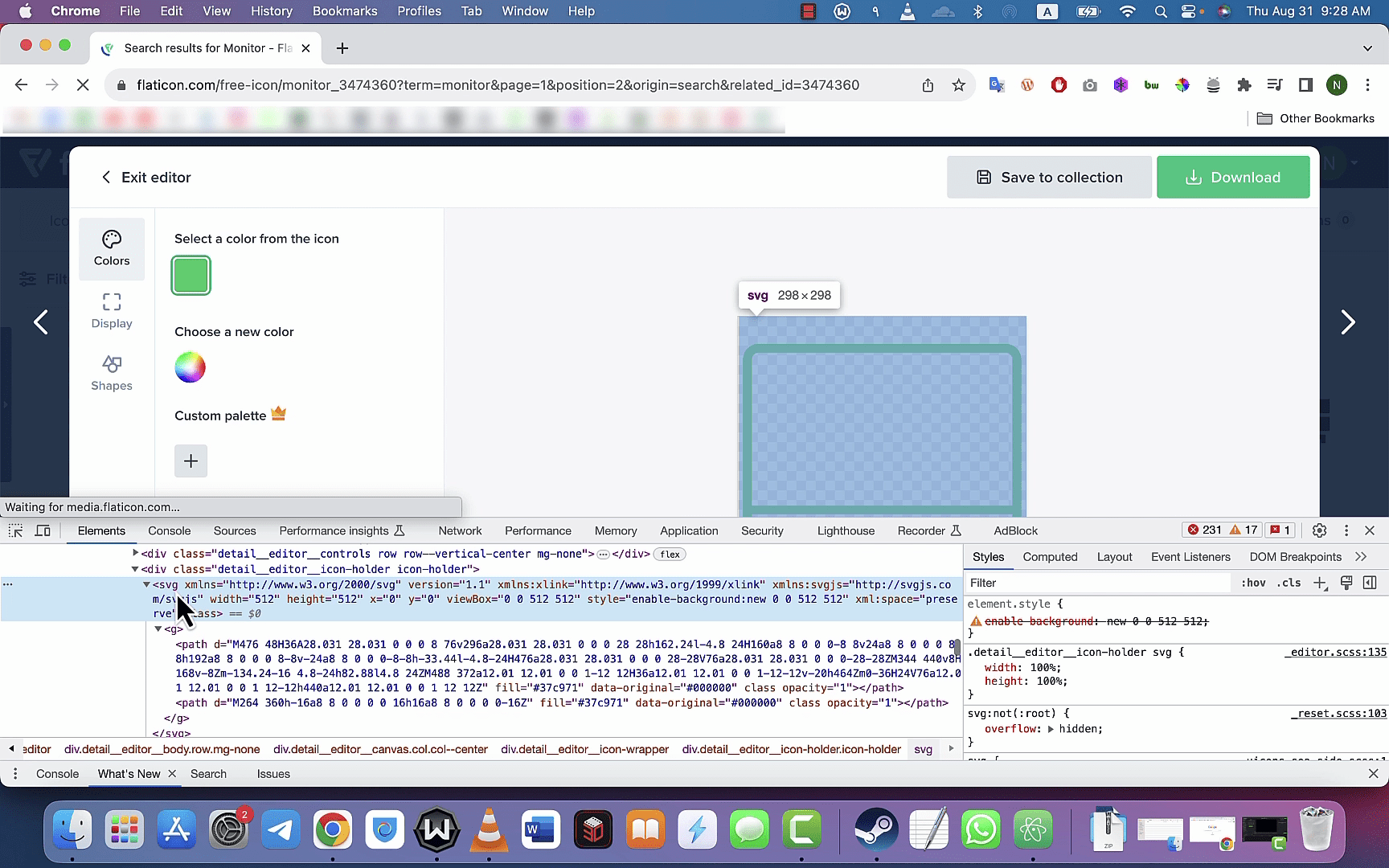 اسکریت شات از inspect elements یکی از خطوط کد با svg آغاز می‌شود