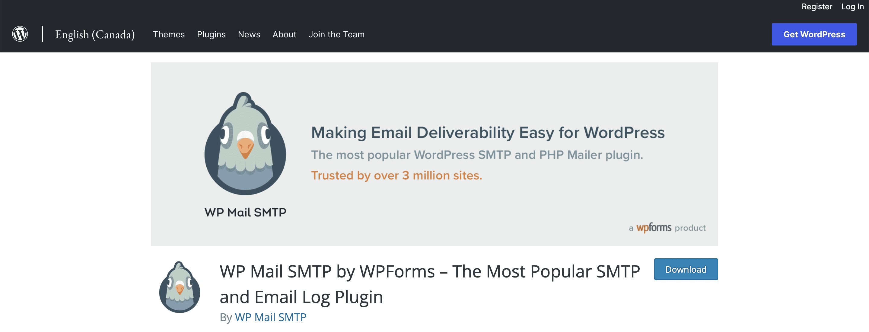 اسکرین شاتی از صفحه پلاگین Mail SMTP در مخزن وردپرس